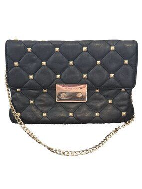 Michael Kors Black Quilted Leather Shoulder Bag Purse Gold Studs Chain Strap